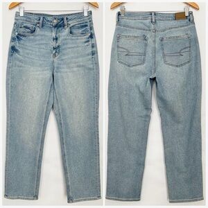 American Eagle Mom Straight Jean Stretch High Rise Zip Fly Size 6 Short Blue